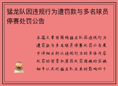 猛龙队因违规行为遭罚款与多名球员停赛处罚公告