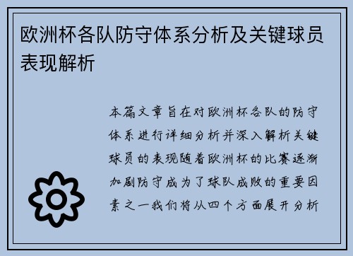 欧洲杯各队防守体系分析及关键球员表现解析